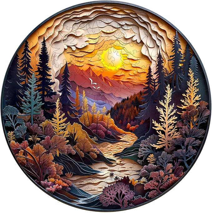 Wooden Puzzle for Adults-3D Sunset Forest Wooden Puzzle Unique Shape Advanced Animal Jigsaw Puzzle for Adults and Kids,Best Gift,Wood Puzzles,Challenge Wooden Jigsaw Puzzle (L-13.4 * 13.4in-300pcs)