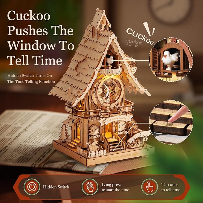 ROBOTIME 3D Wooden Puzzles for Adults-Cuckoo Clock Wooden Models for Adults to Build-435 Piece Model Kit with 2 Lights-Gift for Craft Enthusiast Model Building Set (Natural)