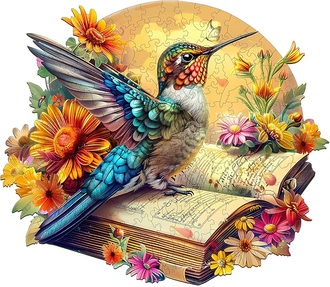 Wooden Puzzles for Adults,Hummingbird On The Book Wooden Jigsaw Puzzles,Unique Shape Advanced Animal Jigsaw Puzzle for Adults.(L-13.4x11.6In 230pcs)