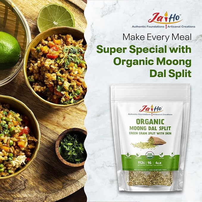 Jai Ho Certified Organic Moong Mung Split Dal with Skin Husk 4 lb | Green Gram Split | USDA Organic | Non-GMO | Chemical-Free | Kosher