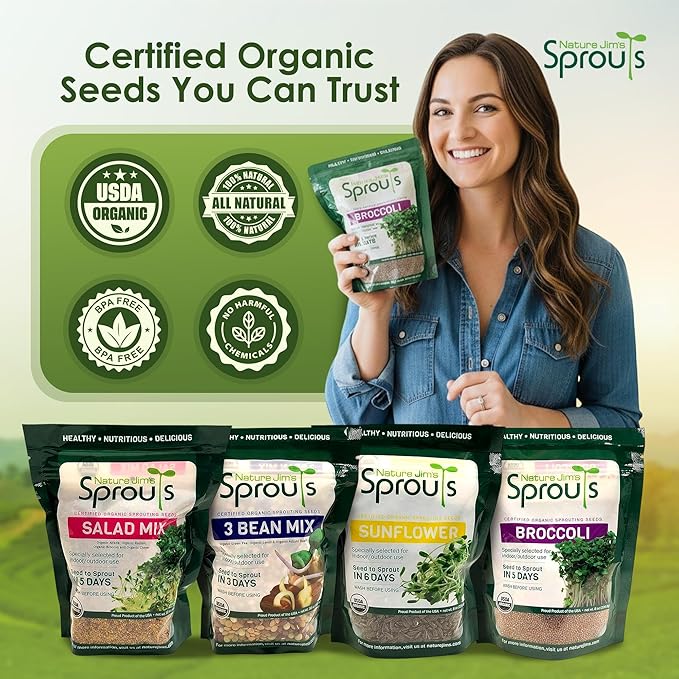 Nature Jims Organic Broccoli Sprout Seeds and Organic Salad Mix Seeds, Microgreens Variety for Healthy Indoor or Outdoor Growing, Nutritious Mix for Home Garden - 8oz + 1lb Bundle