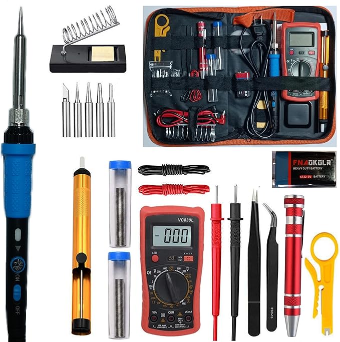 Soldering Iron Kit, Digital Multimeter Kit, Multi Tester, Voltage Tester, Measures AC/DC Voltage, Current, Resistance/Continuity/Diode/Triode. Solder Iron, Adjustable Temperature (Red)
