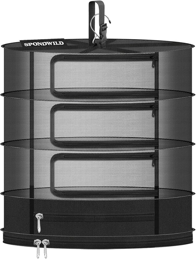 Herb Drying Hanging Mesh Rack - 1ft Diameter (D12xH29 inch) 4 Layer, Foldable Plant Drying Net with U-Shaped Zipper & Storage Pouch for Herbs, Plants, Flowers, Fruits, Food
