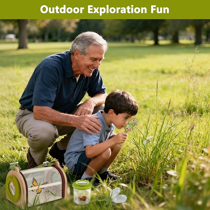 Wooden Bug Catcher Kit for Kids -11Pcs Bug Catching Kit Outdoor Explorer Kit with Carry Bag, Butterfly Net and Other Adventure Sets for Garden Backyard Camping, Gift for Toddlers Girls Boys 3-12