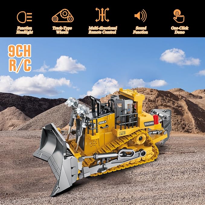 Rc Bulldozer Toys for Boys,Construction Remote Control Bulldozer with Metal bulldozing Shovel Lights/Sounds for Kids Boys