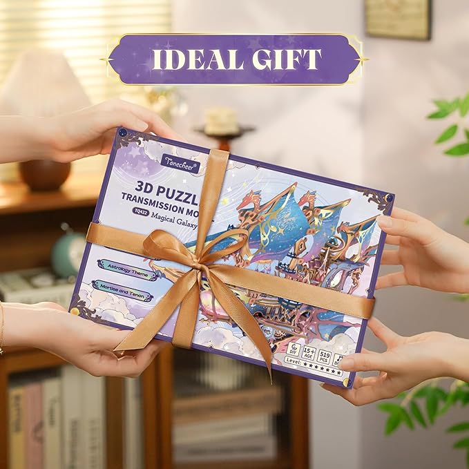 Tonecheer 3D Wooden Puzzle Airship Model Kit, DIY Transmission Model Fantasy Ship Spaceship with Music, Movable Building Kit Starlight Craft Mechanical Decor Idea Gift for Adults - Magical Galaxy
