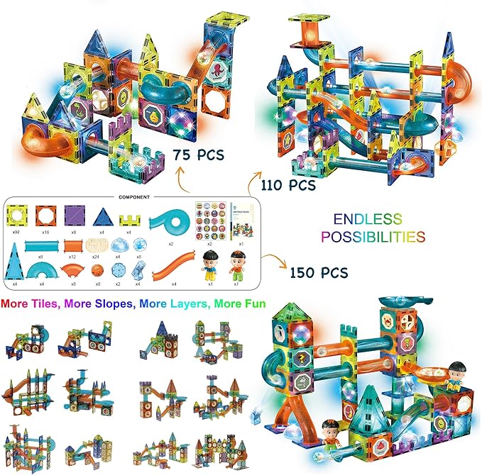 Glowing Magnetic Tiles Marble Run Race Track Super Set - 150 Complete Pieces Glow in The Dark STEM Magnetic Building Blocks Gravity Marble Maze Games for Toddlers Kids Boys Girls Ages 3+ Years