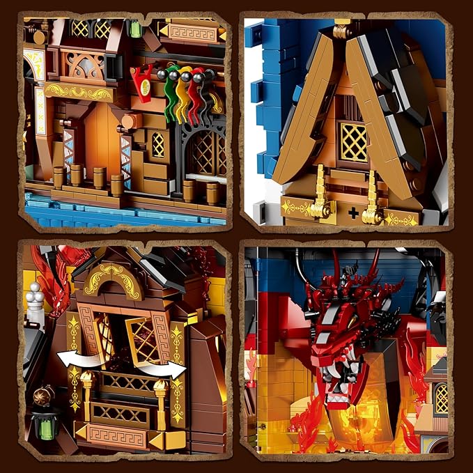 Reobrix Shire Booknook Building Set with Light, H.obbit-Themed DIY Bookend Building Block Kit for Adults, Medieval Dragon Book Nook 3398PCS, Bookshelf Home Decor for Kids Boys Girls Age 14+