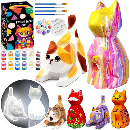FUNZBO 2pcs Paint Your Own Cat Lamp Kit - Arts and Crafts Supplies Kitten Painting Kits for Kid Teen, DIY Night Light Toy for Toddlers Girl Boy Age 3 4 5 6 7 8 9 10 11 12 13 + Christmas Birthday Gifts