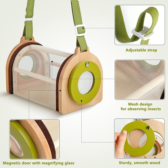 Wooden Bug Catcher Kit for Kids -11Pcs Bug Catching Kit Outdoor Explorer Kit with Carry Bag, Butterfly Net and Other Adventure Sets for Garden Backyard Camping, Gift for Toddlers Girls Boys 3-12