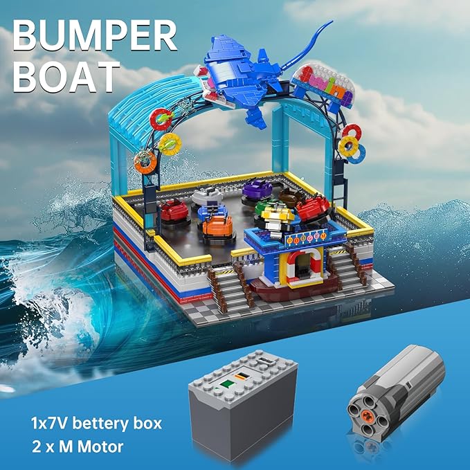 Sosuy Bumper-Boat Ride Building Blocks Set, 2044+ Pcs Amusement Park Model with Motor Remote Control, STEM Engineering Toy for Boys Adults, Teens, Girls, Creative City for Collectors