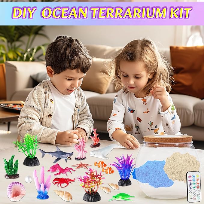 Ocean Light Up Terrarium Kit for Kids - Sea Animal Toys LED Night Light Birthday Gift for Boys & Girls Ages 4 5 6 7 8-12, Kids Arts & Crafts Kit