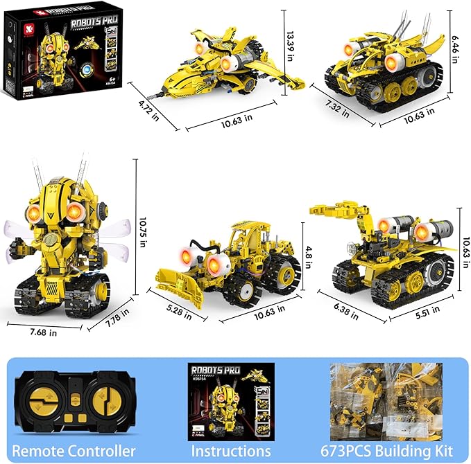 5 in 1 STEM Robot Building Kit with Remote & App Controll, Technic Coding Robotic Toys for Kids Ages 8-13 with LED-Lights Christmas Stocking Stuffer Birthday Gift for Boys & Girls Age 6--12+ (673PCS)