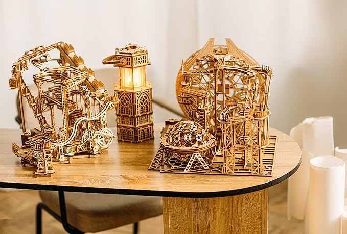 Wood Trick Wooden Marble Run Spiral Electric Motorized - Wooden 3D Puzzles for Adults to Build - 13x13 - Roller Coaster Mechanical Wooden Model Kits for Adults to Build
