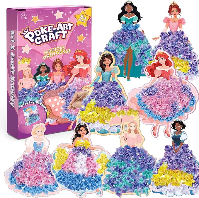 Poke in Fun Magical Princesses Kit, Arts and Crafts for Girls with 8 Magical Princesses, Mess-Free Fun for Kids, DIY Craft Kits, Gifts for Girls & Boys Ages 3-12