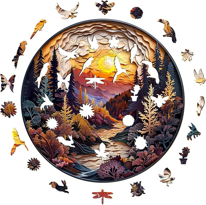 Wooden Puzzle for Adults-3D Sunset Forest Wooden Puzzle Unique Shape Advanced Animal Jigsaw Puzzle for Adults and Kids,Best Gift,Wood Puzzles,Challenge Wooden Jigsaw Puzzle (L-13.4 * 13.4in-300pcs)