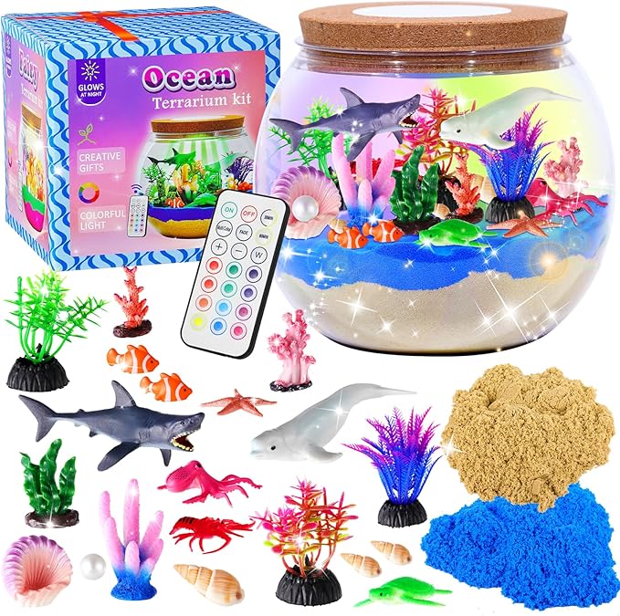 Ocean Light Up Terrarium Kit for Kids - Sea Animal Toys LED Night Light Birthday Gift for Boys & Girls Ages 4 5 6 7 8-12, Kids Arts & Crafts Kit