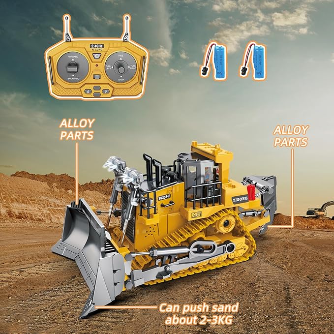 Rc Bulldozer Toys for Boys,Construction Remote Control Bulldozer with Metal bulldozing Shovel Lights/Sounds for Kids Boys