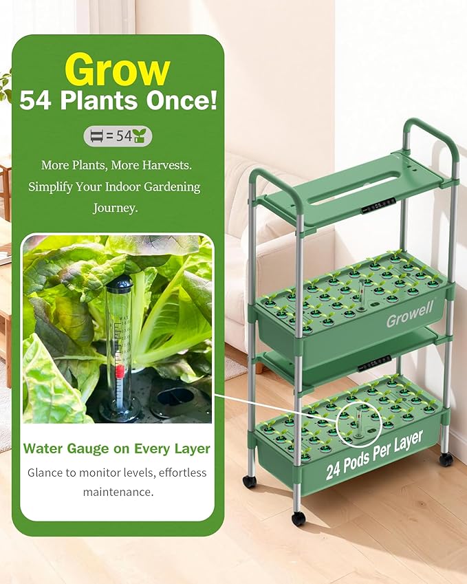 Large Hydroponics Growing System Kit, Vertical Indoor Herb Garden Kit with LED Grow Light & Independent Water Pump, 28L Movable Indoor Planter Perfect Gardening Gifts (2 Tier-54 Pods Green)
