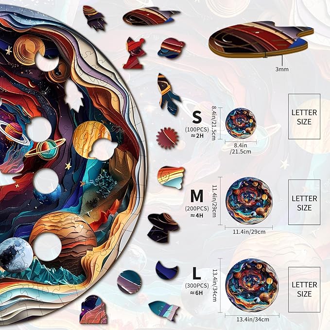 Wooden Puzzle for Adults-3D Visual Effect Universe Unique Shape Advanced Wooden Jigsaw Puzzle for Adults and Kids,Best Gift,Wood Puzzles,Challenge Wooden Jigsaw Puzzle (Universe, Small)