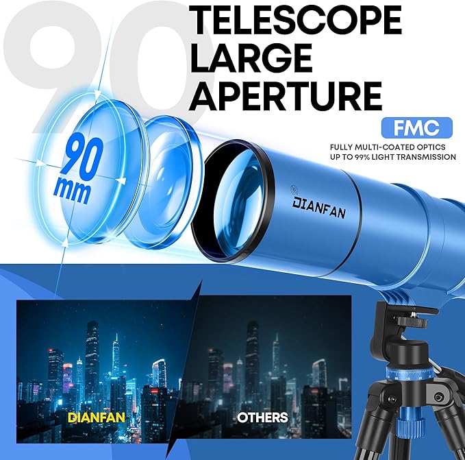 Dianfan Telescope, 90mm Aperture 550mm - Astronomical Telescope for Adults High Powered,Portable Telescopes Fully Multi-Coated High Transmission with Tripod, Phone Adapter, Carrying Bag, Folding Stool