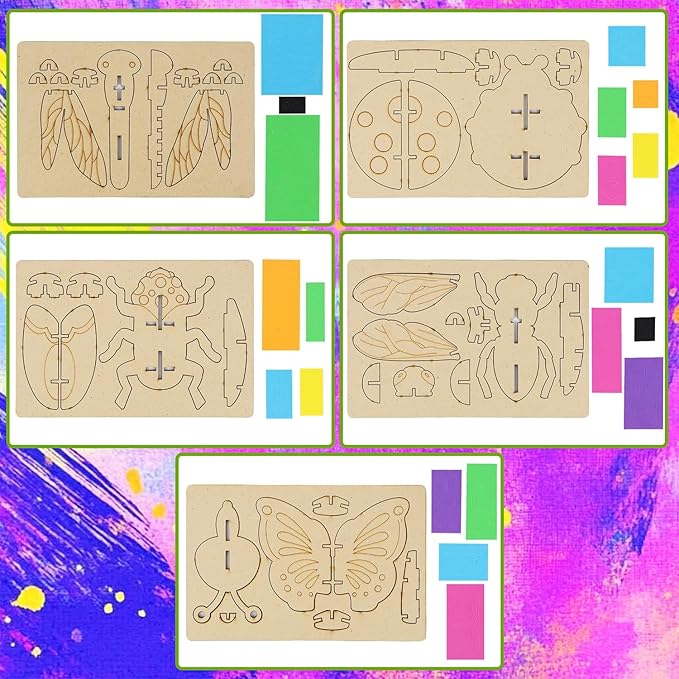 Glintoper Wooden Insect Crafts Painting Kit for Kids, 5 Piece Set 3D Insect Puzzle with Brushes & Paint, Gift for Boys Girls Age 3 4 5 6 7 8, DIY Your Own for Christmas Easter Birthday Party Favors