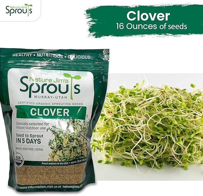 Nature Jims Sprouts Clover Seeds –Organic Non-GMO Sprouting Seeds for Fresh, Nutrient-Rich Seed, Packed with Vitamins, Minerals & Fiber, Ideal for Growing Sprouts and Clover Seed, Reseable Bag, 16 oz