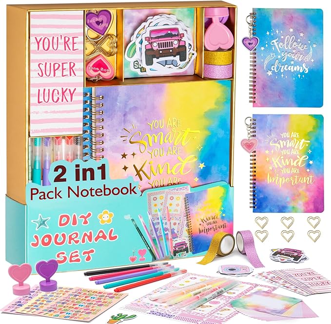 DIY Journal Kit for Girls - 2PC Stocking Stuffers for Teen Girls, Stationary & Diary Set, Christmas Birthday Gifts for 8 9 10 11 12 13 14 Year Old Girls, Scrapbook Supplies Art and Crafts Toy Kit