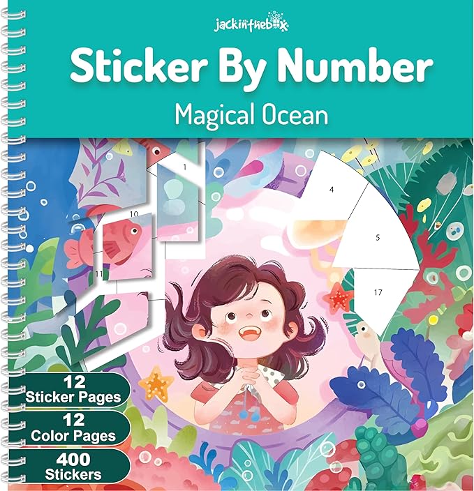 jackinthebox Sticker by Number Book Ocean Theme, 12 Scenes Puzzle Paint by Sticker Book + Colouring Pages, Gifts for Birthday, Party Favour Toys for Girls, Arts & Crafts for Kids Age 7 8 9 10