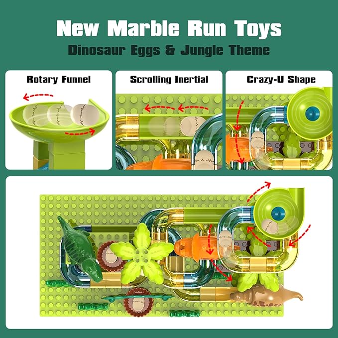 JIXIn Dinosaur Marble Runs for Kids 4-8 - Building Blocks Compatible with DUPLO Lego Sets - 125 PCS Classic Big Blocks for Toddlers Ages 3-5 - Montessori Learning STEM Toys