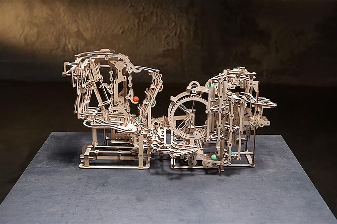 UGEARS 2 in 1 3D Puzzle Marble Run Chain Hoist Plus Stepped Hoist - DIY Marble Run Wooden Puzzle for Adults and Kids