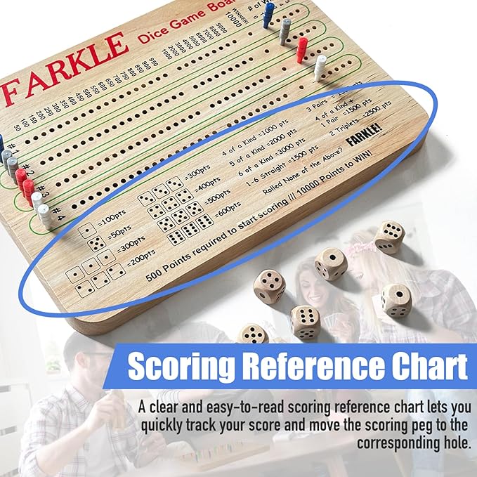 Tuiiopoli Farkle Dice Scoreboard Set, Paper& Pens- Free Design 4 Sets of Colored Player Pegs 6 Wooden Dice for Game Night Party Travel (Original Oak)