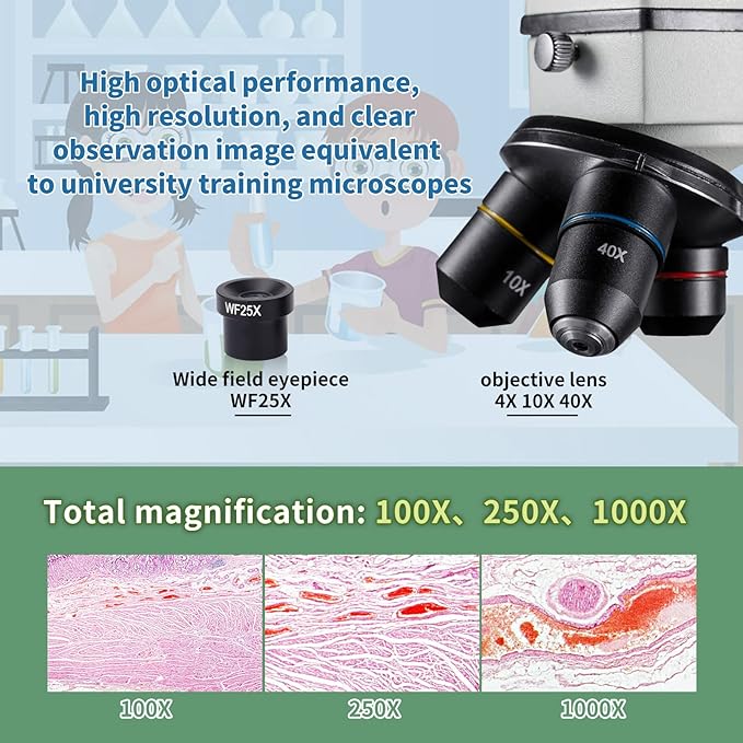 MAXLAPTER Microscope Kit for Kids 8-12 with Prepared Slides, 100-1000X Professional Compound Microscope for Kids Students with Mechanical Stage, Optical Glass Lenses, 10 Slides, Filter, Phone Adapter