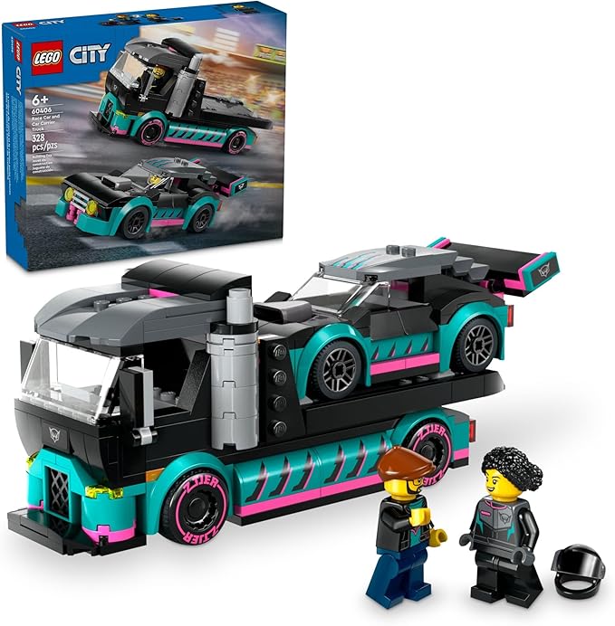 LEGO City Race Car and Car Carrier Truck Building Toys - Pretend Play Toys for Boys & Girls, Ages 6+ Years - Gift for Christmas - W/Racer & Driver Minifigures - 60406
