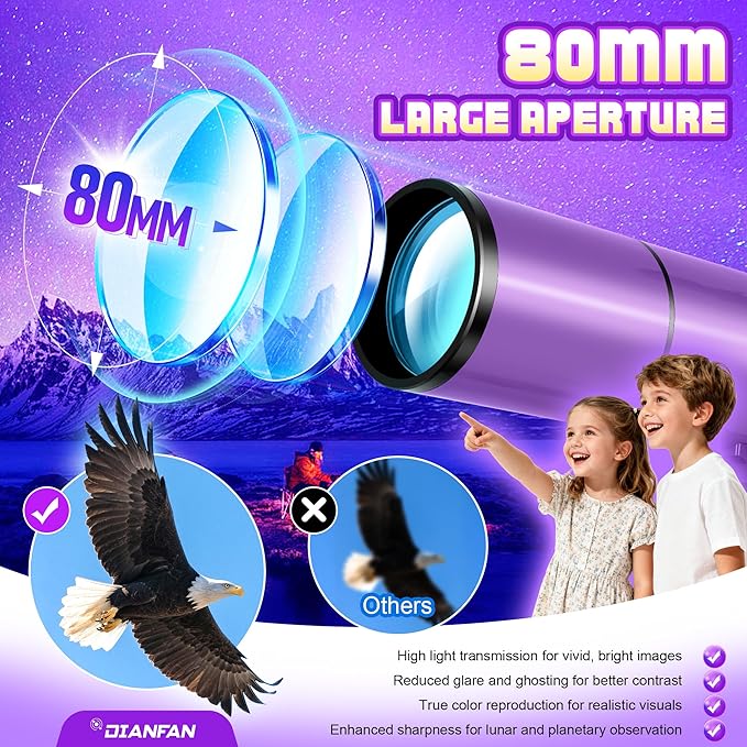 Dianfan Telescope, 80mm Aperture 500mm Astronomical Telescope for Adults High Powered, Portable Professional Refractor Telescopes for Beginners, with Tripod & Adapter, Stickers, Backpack - Purple