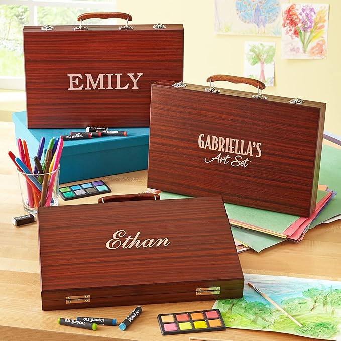 Let's Make Memories Personalized 80-Piece Deluxe Art Set - for Kids - Wood Carrying Case - Oil Crayons, Colored Pencils, Watercolors - Arts & Crafts - Add a Name - 2 Line Message