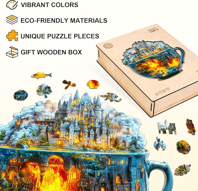 Wooden Puzzles for Adults 165 Pices, 3D Magic Cup Wooden Jigsaw Puzzle, Unique Shape Magic Cup Irregular Jigsaw Puzzles, Flat Puzzels with 3D Visual Effect, Finished Puzzle Size is 11.4 * 11.3in