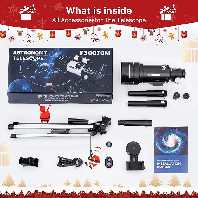 FREE SOLDIER Telescope for Kids 70mm Aperture Astronomical Refractor Telescopes for Beginners (15X-150X) 300mm Telescope for Adults High Powered with A Phone Adapter & A Wireless Remote (Black)