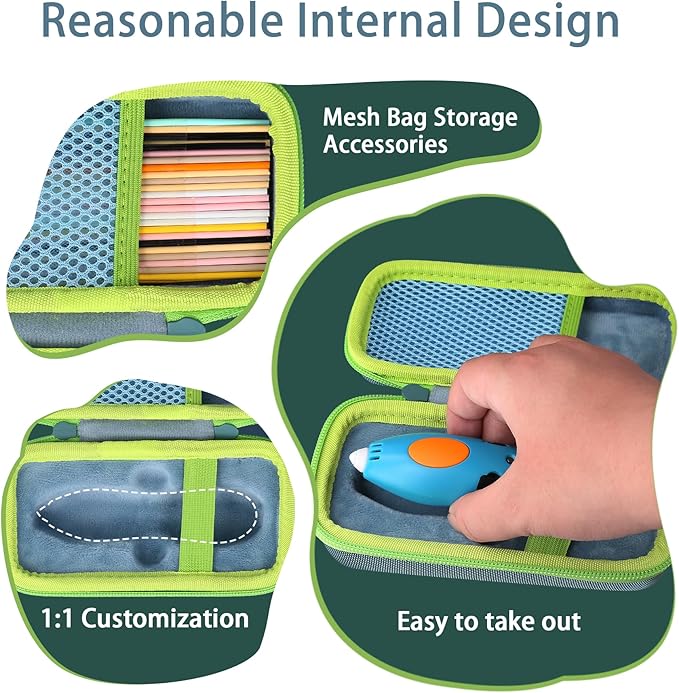 co2CREA Hard Case for 3Doodler Start+ Essentials (2024) 3D Pen Set - Storage Organizer with Custom Slots for Art Activity Set, Printing Filament Refill and USB Charger, Light Blue Case + Green Zipper