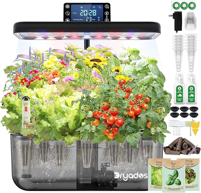 Hydroponic Growing System Kit with Operation Screen + 3 Free Seeds (Lettuce, Salad Mixed, Basil), 12 Pods Indoor Smart Gardening Herb Planter, 24W Full Spectrum LED Grow Light Growing System (Black)