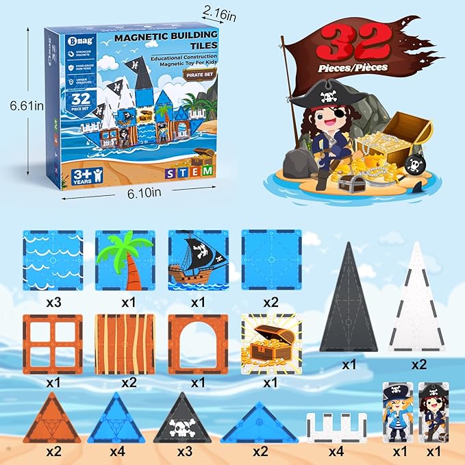 Bmag Magnetic Tiles for Kids,32 PCS Pirate Set with 3D Magnet Building Blocks, STEM Educational Toys for Preschool Learning, Gift for Boys & Girls Age 3 4 5+
