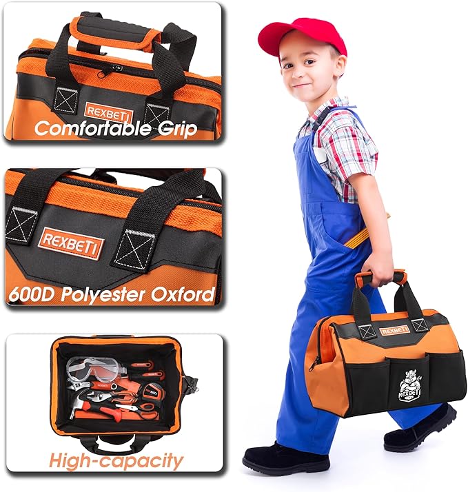 REXBETI 10-Piece Kids Tool Set with Real Hand Tools, Orange Durable Storage Bag, Children Learning Tool Kit for Home DIY and Woodworking, 6+ Years Old Birthday Gift