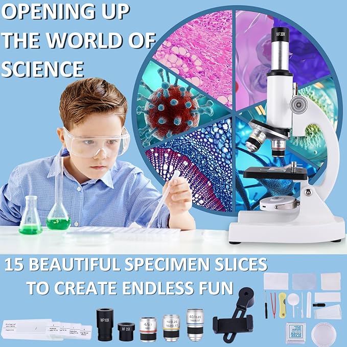 Microscope 40X-2500X Magnification with 4.3-inch Display, Wide-Angle 10X and 25X eyepieces, and Built-in 5-megapixel Camera for School Labs, Animal Husbandry (White)