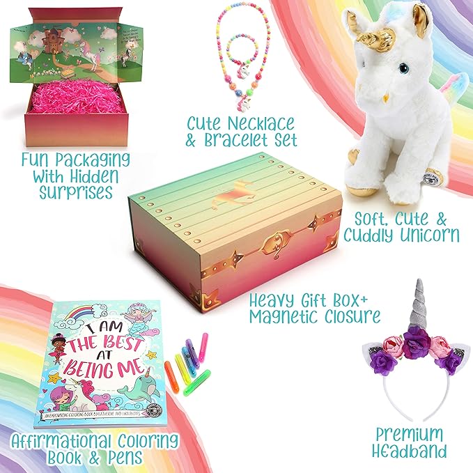 The Memory Building Company Kids Unicorn Princess Surprise Box for Girls & Boys, Includes Plush Toy, Coloring Book + Markers, Jewelry, Horn Headband, Birthday Activity Set for Ages 6 & Up