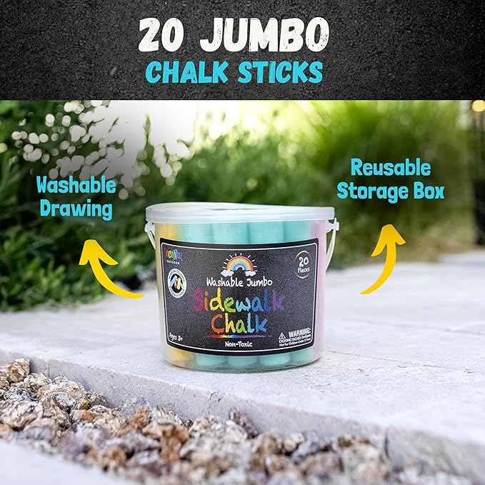 Jumbo Sidewalk Chalk Bucket - 20 Pieces | Non-Toxic Washable Paint | Backyard Outdoor Kids Fun Activities, Drawing, Homeschool | Creative Steam Art & Craft Kit | Gift for Ages 3+