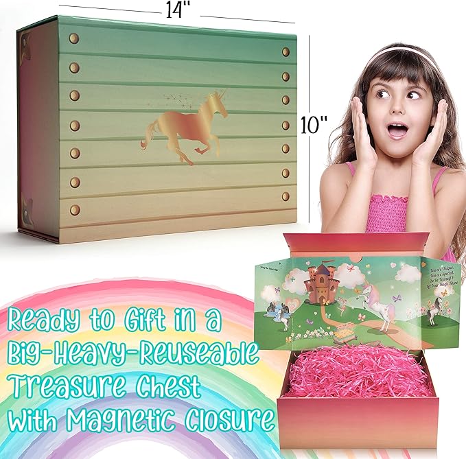The Memory Building Company Kids Unicorn Princess Surprise Box for Girls & Boys, Includes Plush Toy, Coloring Book + Markers, Jewelry, Horn Headband, Birthday Activity Set for Ages 6 & Up