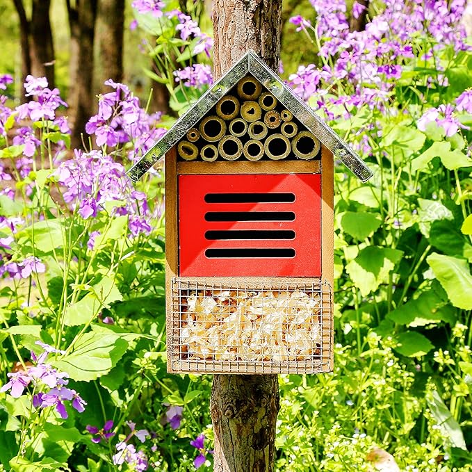 Wooden Mason Insect Bee Butterfly House with Metal roof,an Outdoor Hanging Habitat for Bee Butterfly Ladybugs