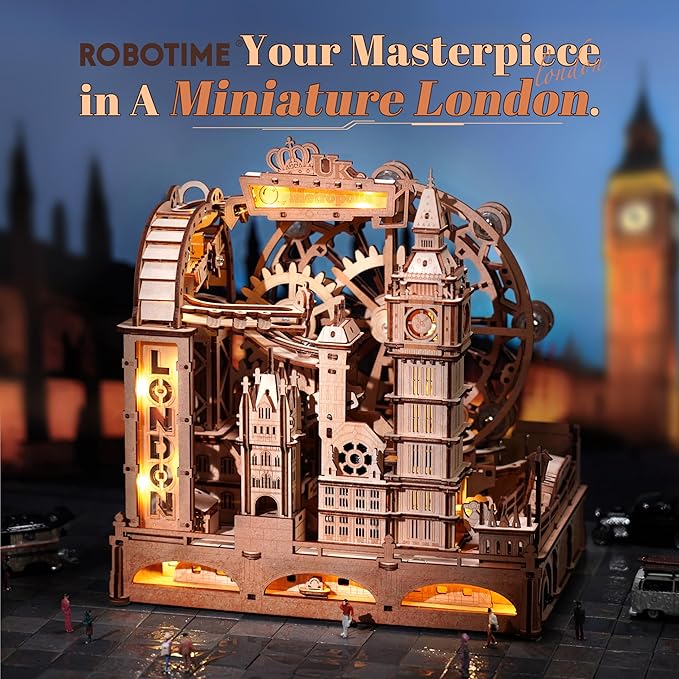 ROBOTIME Wooden Town Marble Run - 3D Wooden Puzzles for Adults EGB01 Night City Marble Run Kit - Wooden Puzzle Models for Adults to Build - Space/STEM/Engineering Gift