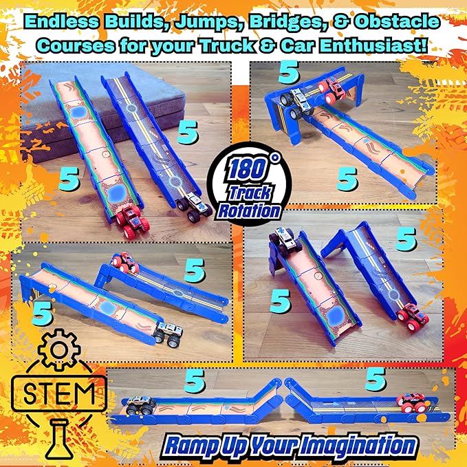 STEM Ramp Builder Set by Redi-Rampz–10 Modular Track Pieces with Adjustable Angles + 2 Monster Trucks | Build Custom Ramps, Bridges & Jumps (Ages 3+, No Batteries, Fits 1:64 Vehicles)