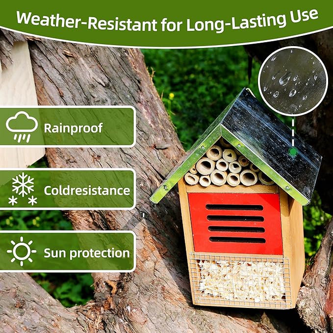 Wooden Mason Insect Bee Butterfly House with Metal roof,an Outdoor Hanging Habitat for Bee Butterfly Ladybugs